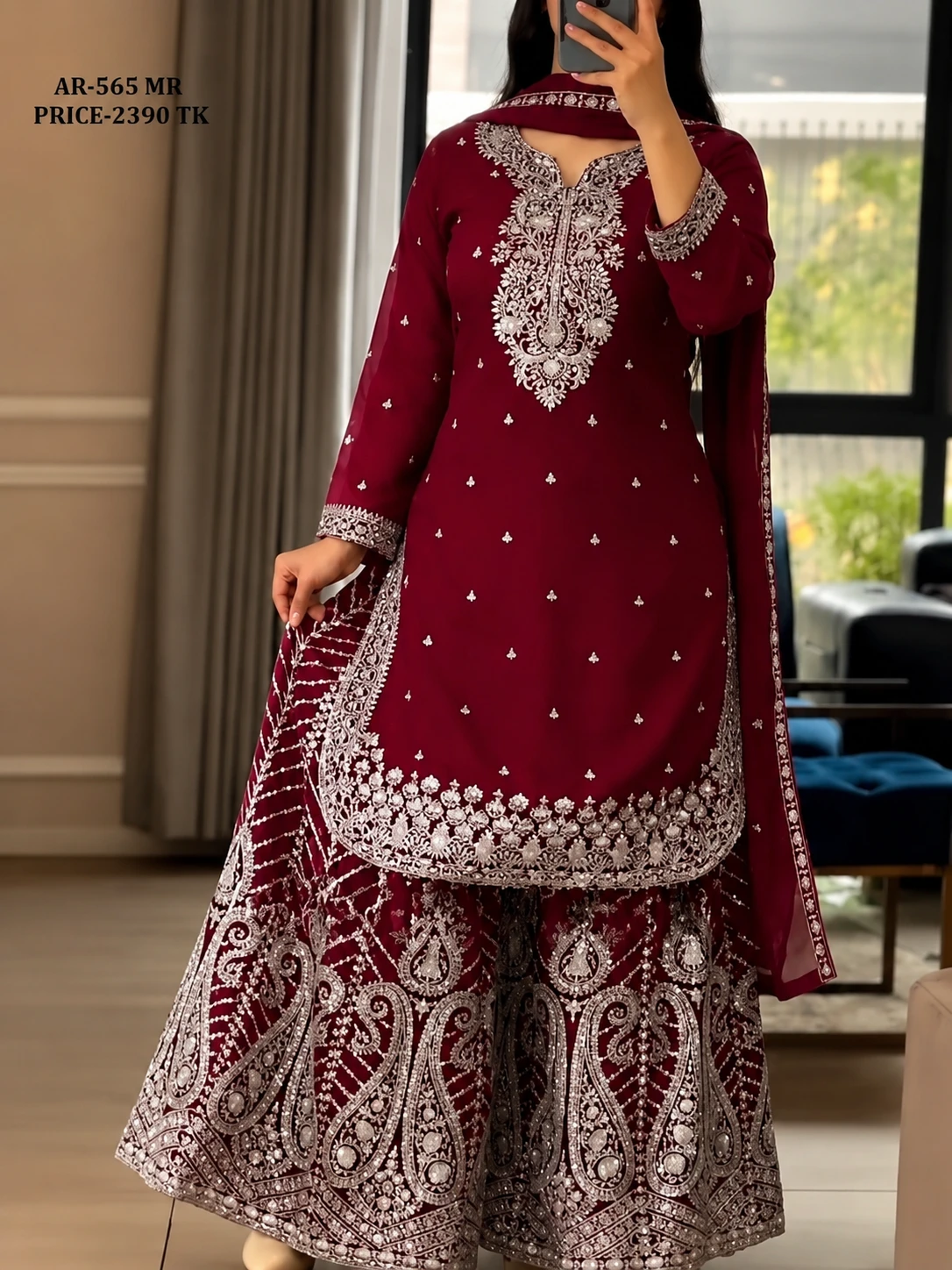 👑 Gharara Dress (Merun) — Premium Unstitched Collection,